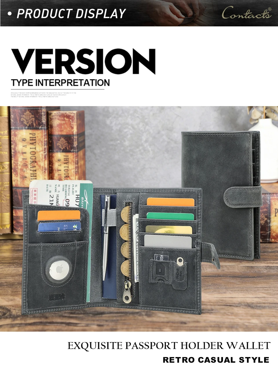CONTACT'S Genuine Leather Passport Wallets Vintage Travel Card Holder Passport Cover Purse AirTag Slot, Free SIM Card Ejector