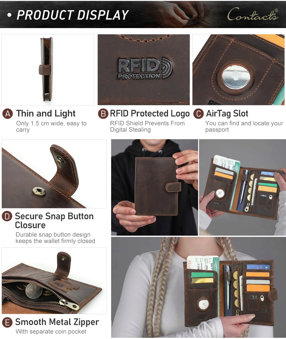 CONTACT'S Genuine Leather Passport Wallets Vintage Travel Card Holder Passport Cover Purse AirTag Slot, Free SIM Card Ejector
