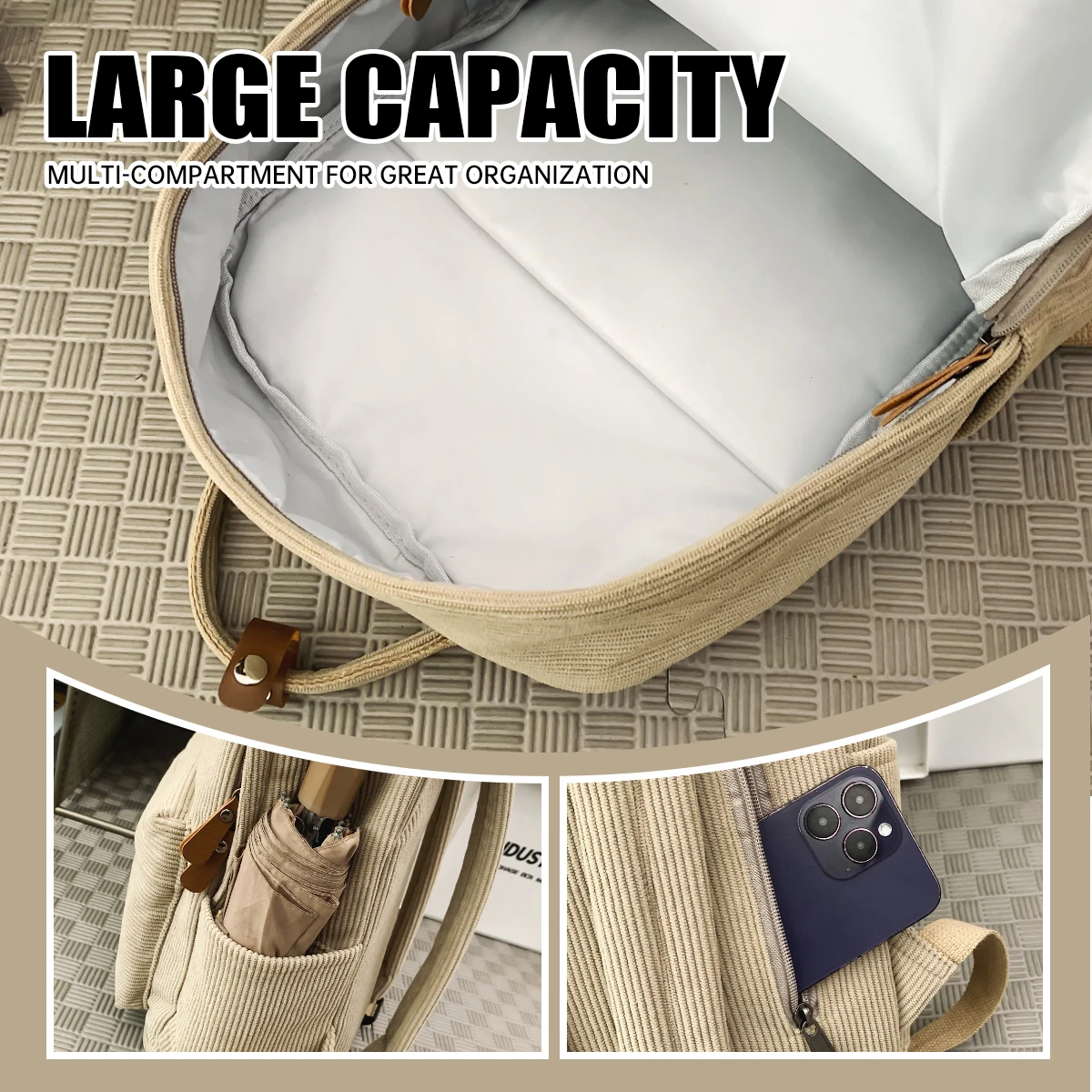 Corduroy School Bag for Middle School Students, Ins-Style College Backpack, New Autumn and Winter Solid Color Velvet Backpack for Girls, Suitable for Students Attending Classes, Shopping, and Hiking