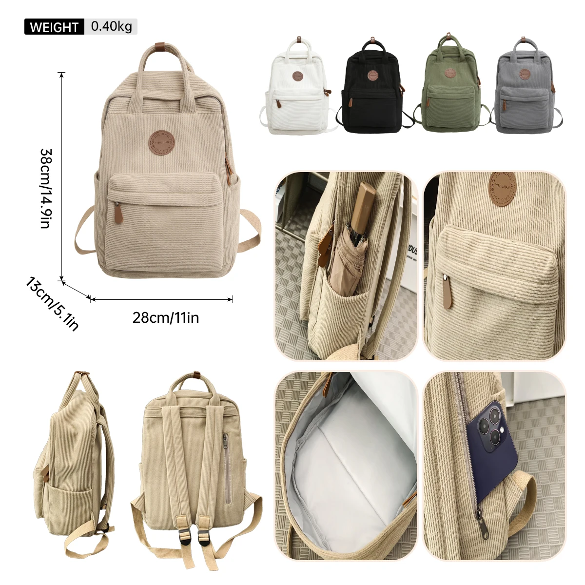 Corduroy School Bag for Middle School Students, Ins-Style College Backpack, New Autumn and Winter Solid Color Velvet Backpack for Girls, Suitable for Students Attending Classes, Shopping, and Hiking