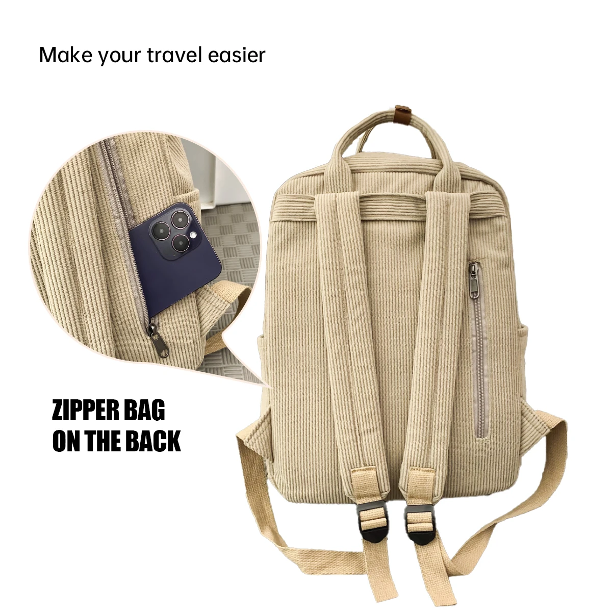 Corduroy School Bag for Middle School Students, Ins-Style College Backpack, New Autumn and Winter Solid Color Velvet Backpack for Girls, Suitable for Students Attending Classes, Shopping, and Hiking