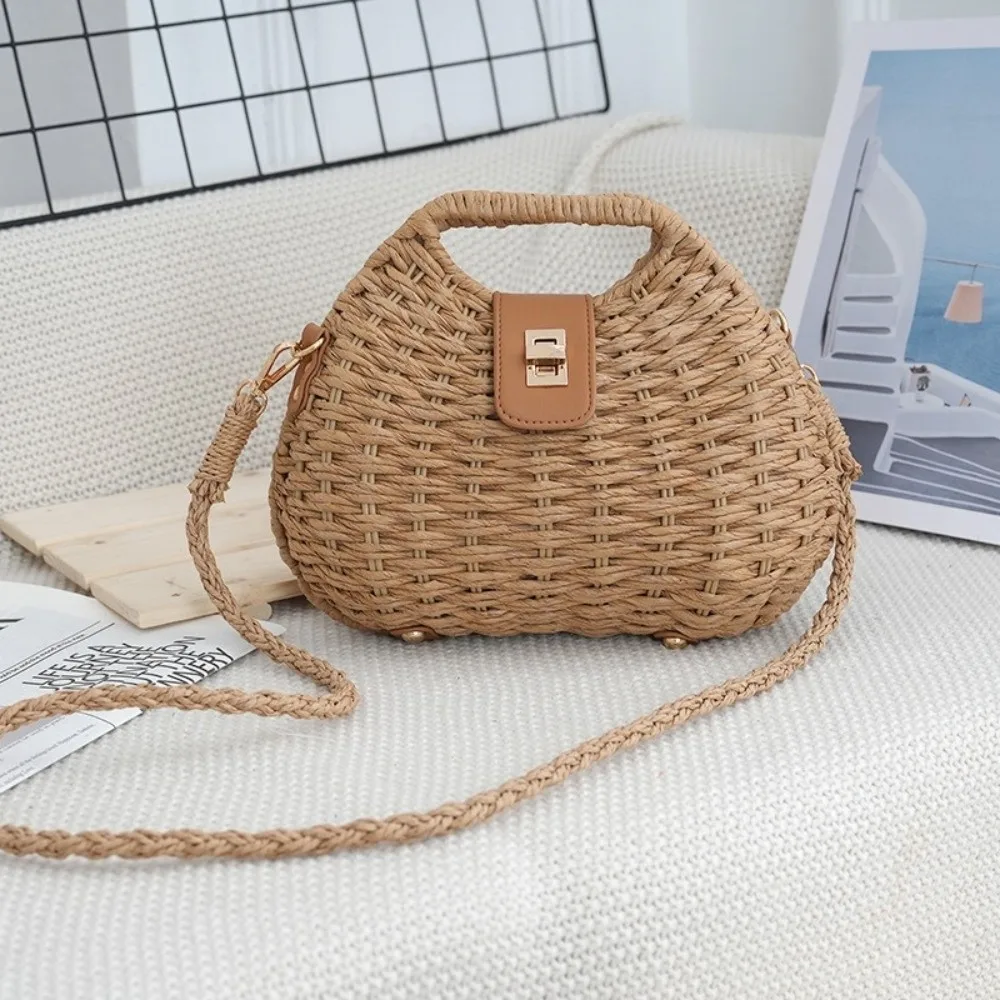 Elegant Straw Woven Shoulder Bag Solid Color Eco-Friendly Boho Crossbody Bag Metal Buckle All-match Wicker Rattan Handbag Beach