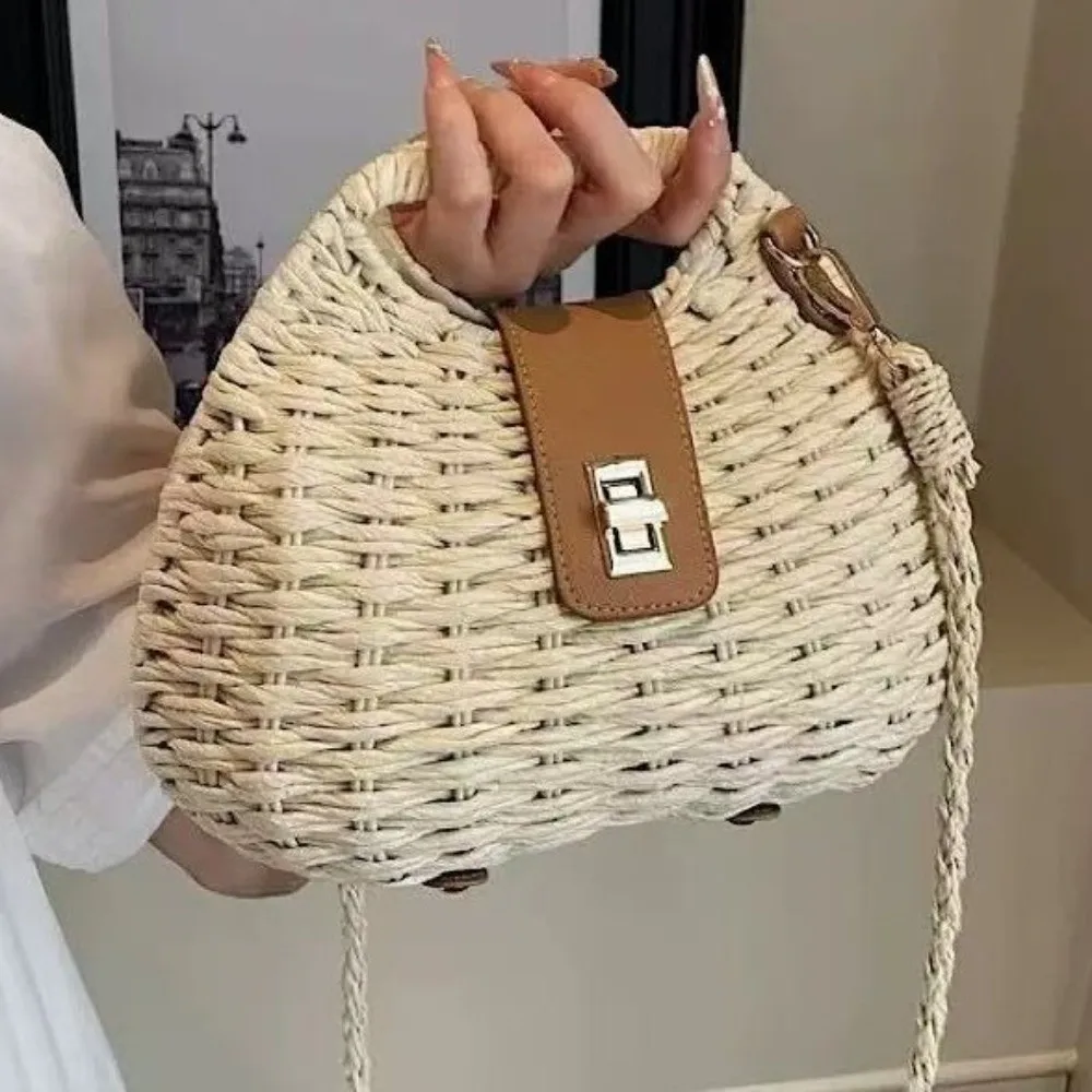Elegant Straw Woven Shoulder Bag Solid Color Eco-Friendly Boho Crossbody Bag Metal Buckle All-match Wicker Rattan Handbag Beach