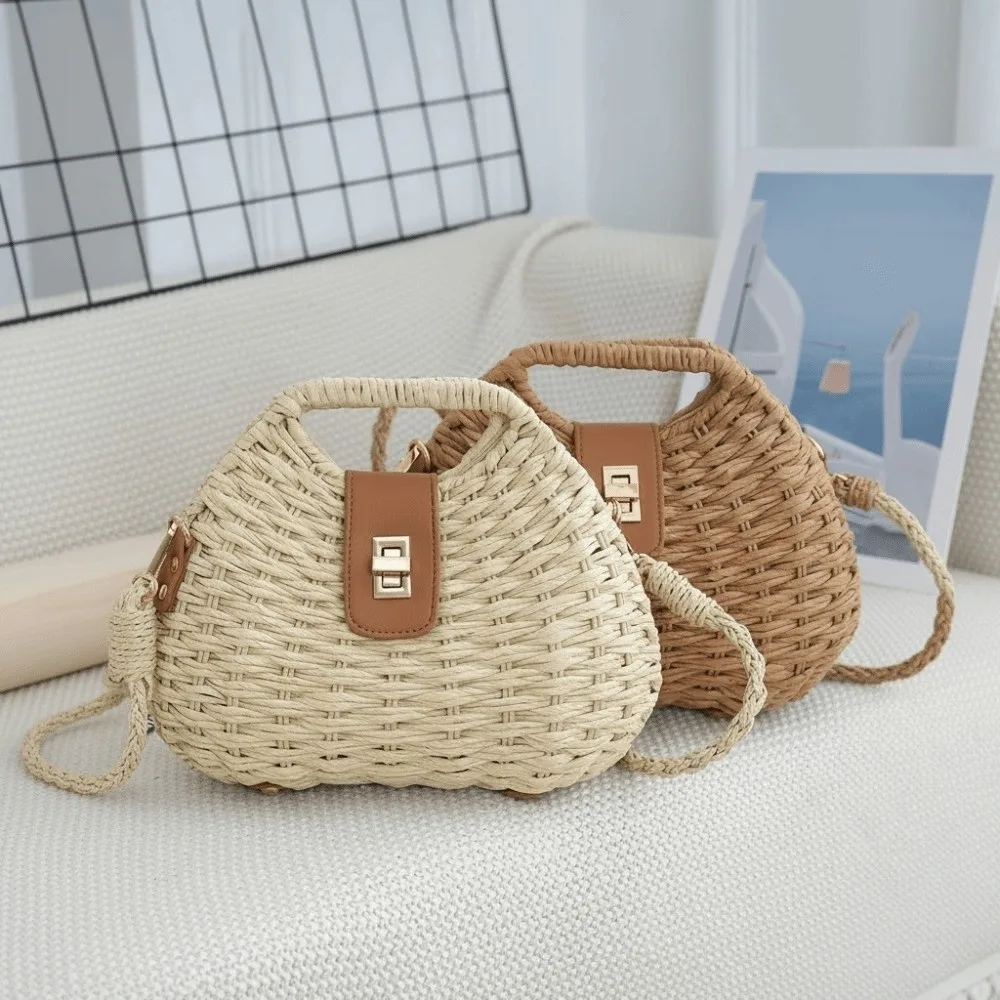Elegant Straw Woven Shoulder Bag Solid Color Eco-Friendly Boho Crossbody Bag Metal Buckle All-match Wicker Rattan Handbag Beach