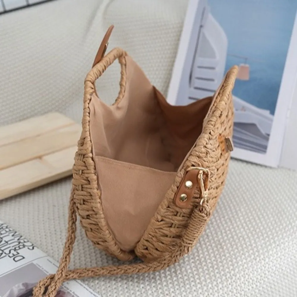 Elegant Straw Woven Shoulder Bag Solid Color Eco-Friendly Boho Crossbody Bag Metal Buckle All-match Wicker Rattan Handbag Beach