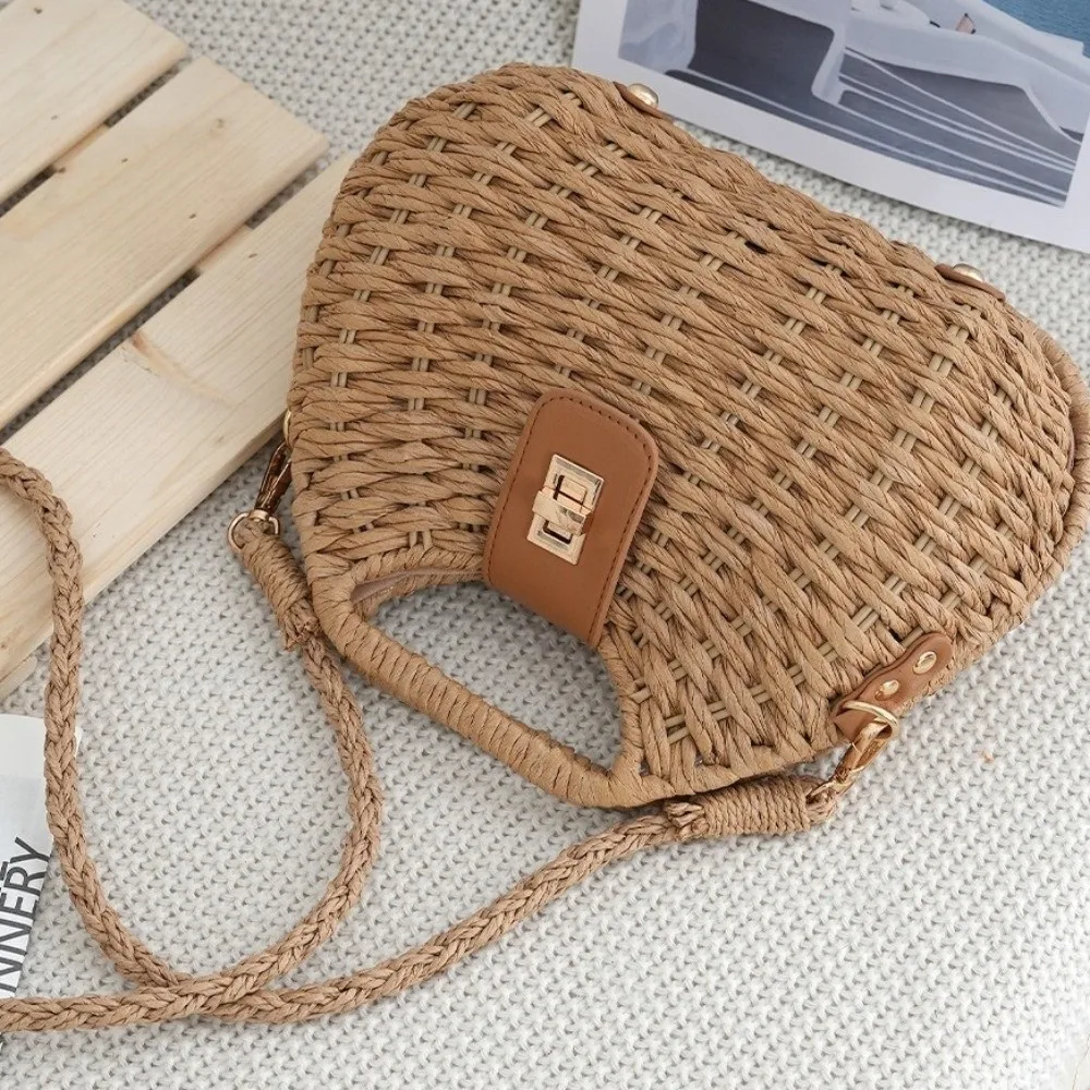 Elegant Straw Woven Shoulder Bag Solid Color Eco-Friendly Boho Crossbody Bag Metal Buckle All-match Wicker Rattan Handbag Beach