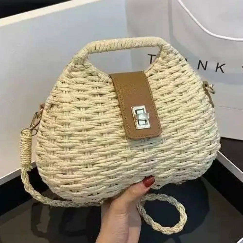 Elegant Straw Woven Shoulder Bag Solid Color Eco-Friendly Boho Crossbody Bag Metal Buckle All-match Wicker Rattan Handbag Beach