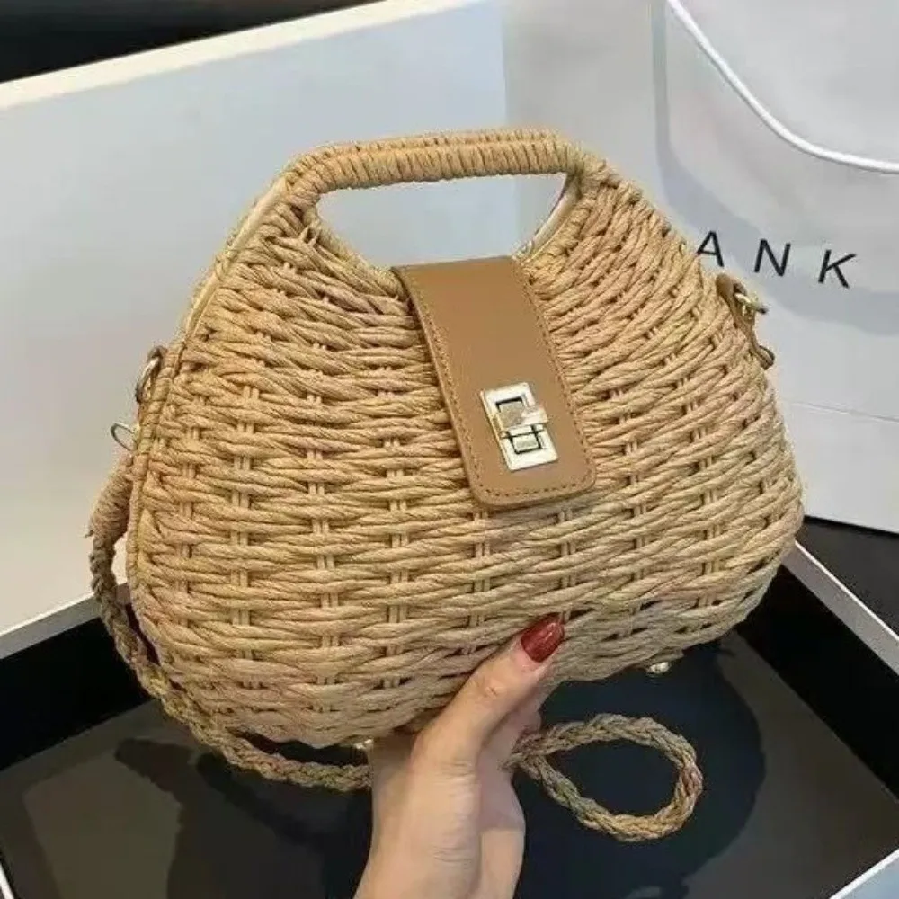 Elegant Straw Woven Shoulder Bag Solid Color Eco-Friendly Boho Crossbody Bag Metal Buckle All-match Wicker Rattan Handbag Beach