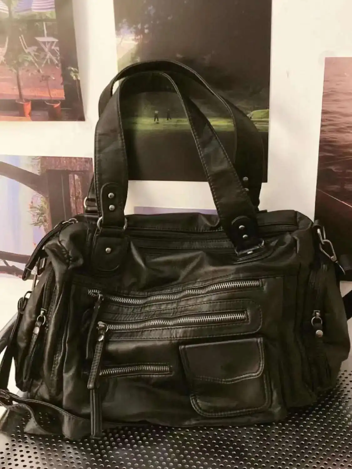 Y2k Women Black Vintage Shoulder Bags Punk Gothic Crossbody Bag Multi Pocket Handbags PU Leather Fashion Large Capacity Tote Bag