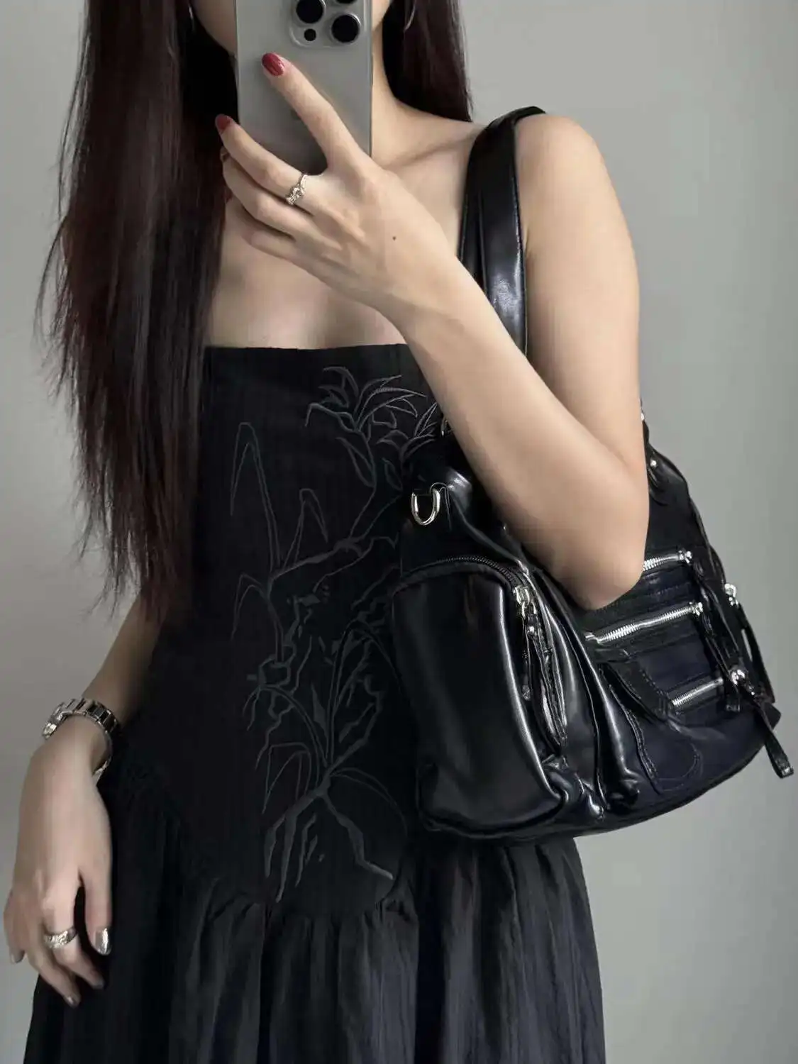 Y2k Women Black Vintage Shoulder Bags Punk Gothic Crossbody Bag Multi Pocket Handbags PU Leather Fashion Large Capacity Tote Bag