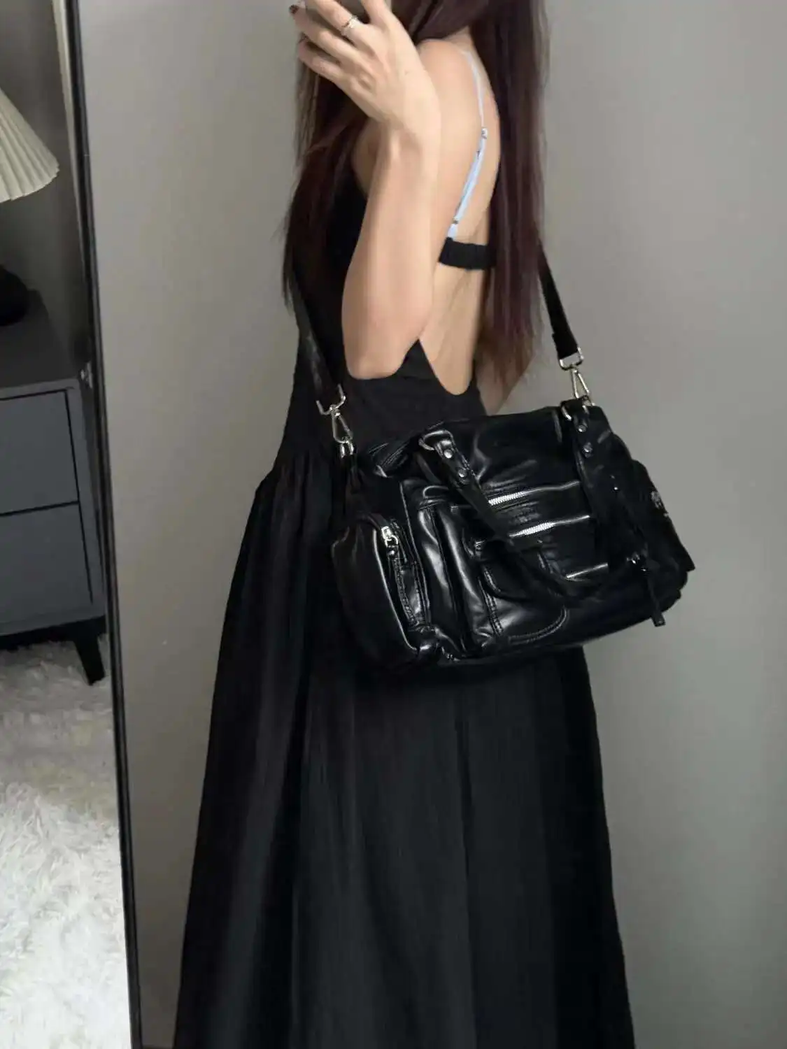 Y2k Women Black Vintage Shoulder Bags Punk Gothic Crossbody Bag Multi Pocket Handbags PU Leather Fashion Large Capacity Tote Bag