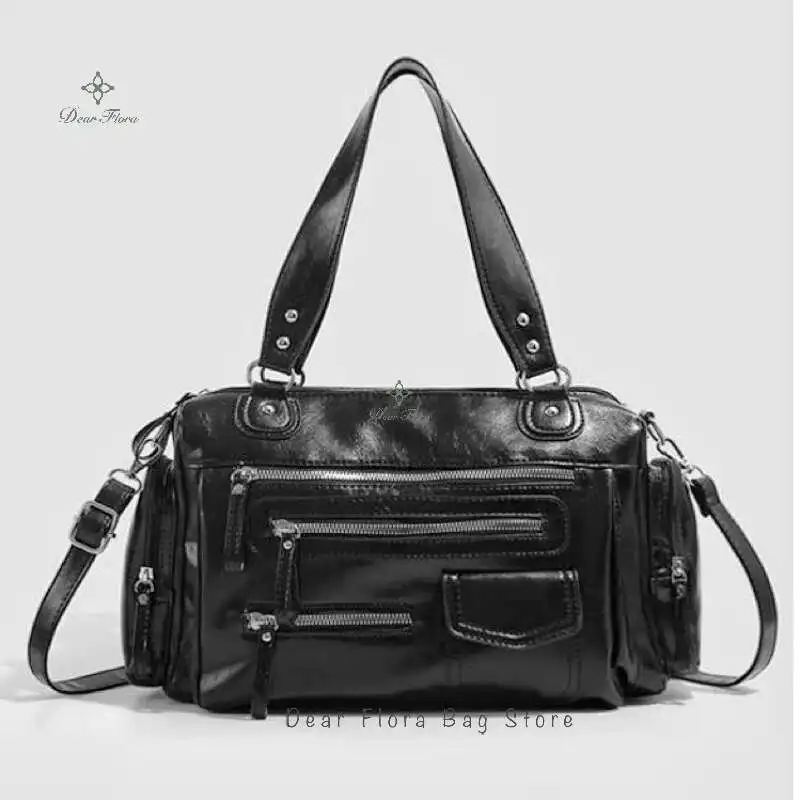 Y2k Women Black Vintage Shoulder Bags Punk Gothic Crossbody Bag Multi Pocket Handbags PU Leather Fashion Large Capacity Tote Bag