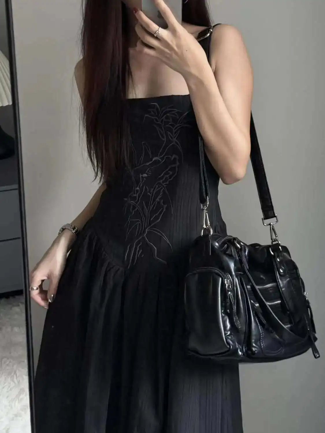 Y2k Women Black Vintage Shoulder Bags Punk Gothic Crossbody Bag Multi Pocket Handbags PU Leather Fashion Large Capacity Tote Bag