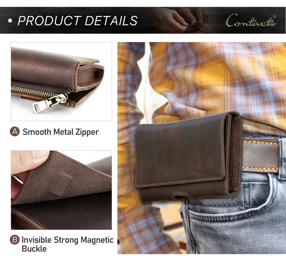 CONTACT'S Genuine Leather Men Waist Bag Travel Small Waist Belt Pouch Phone Pocket Casual Male Fanny Belt Bag Designer Handbag