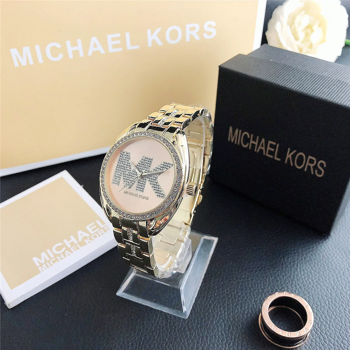 Brand new Michael Kors MK fashion single-row crystal letter watch bag, pink scale, stylish and personalized girl’s handbag