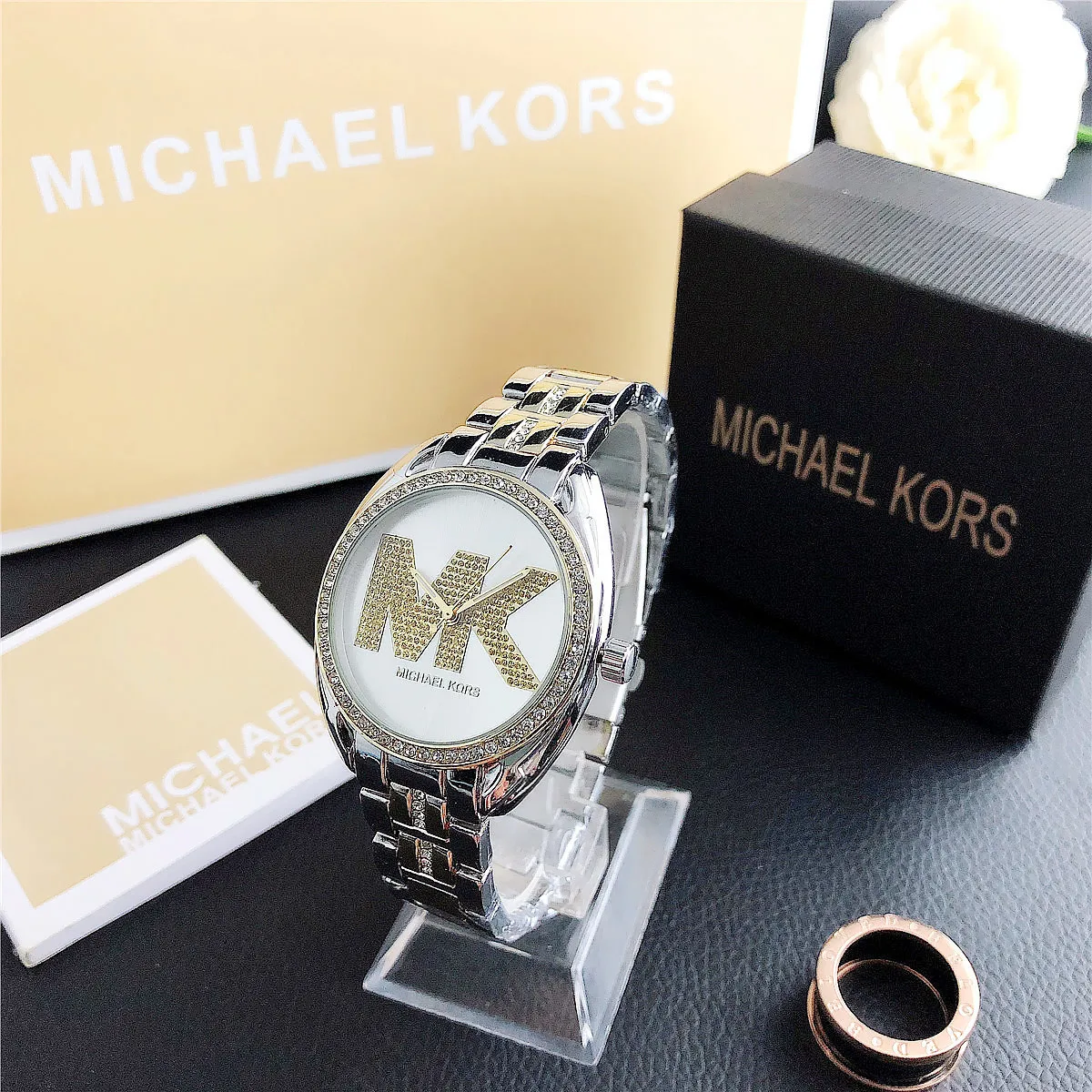Brand new Michael Kors MK fashion single-row crystal letter watch bag, pink scale, stylish and personalized girl’s handbag