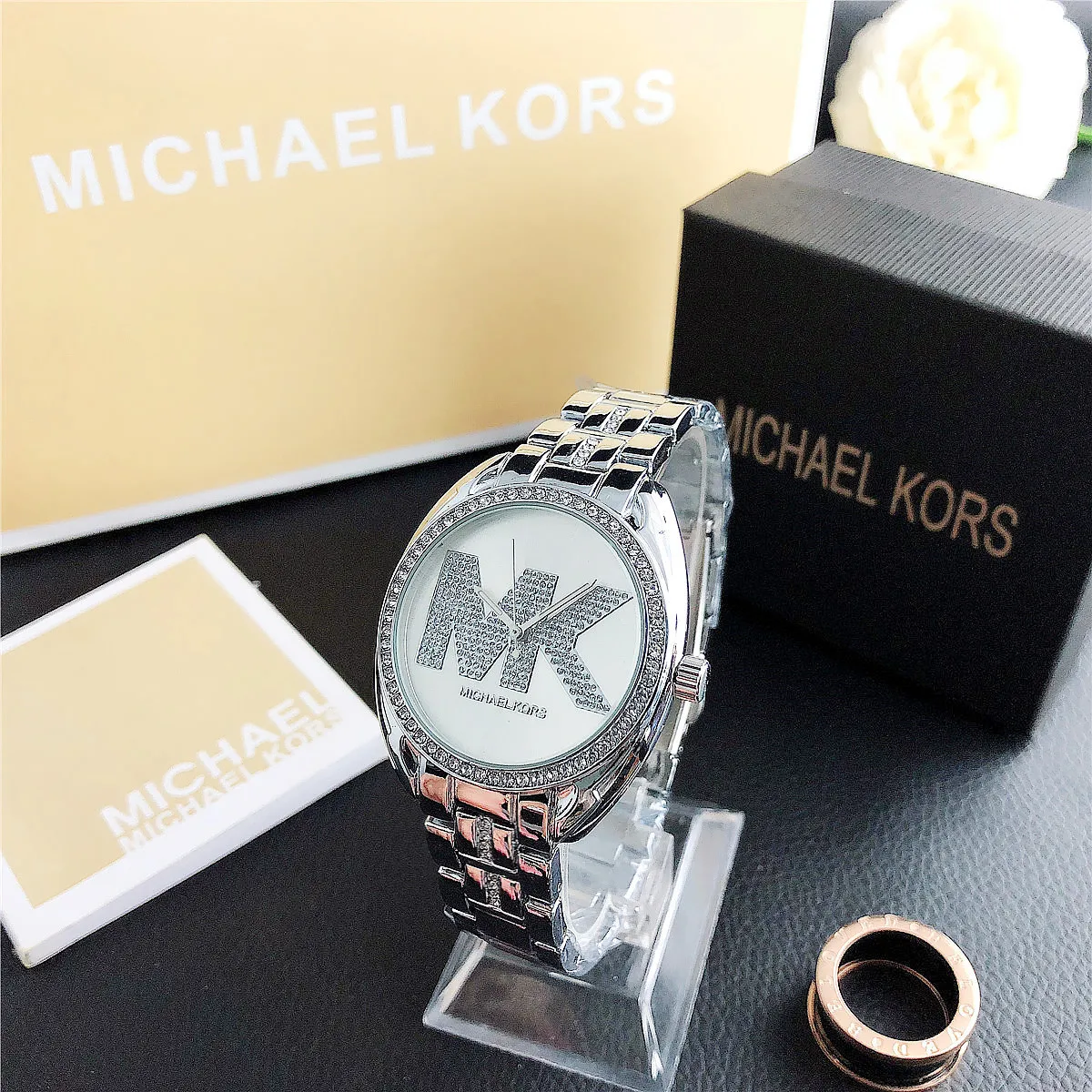 Brand new Michael Kors MK fashion single-row crystal letter watch bag, pink scale, stylish and personalized girl’s handbag