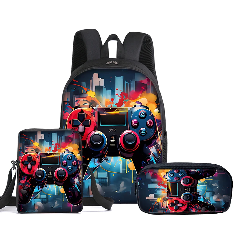 Hot GamePad 3Pcs/Set Backpack With Messenger Bags ,Pencil Bag,School Bag For Boy/Girls Best Gift 2D Cartoon Student School Bags
