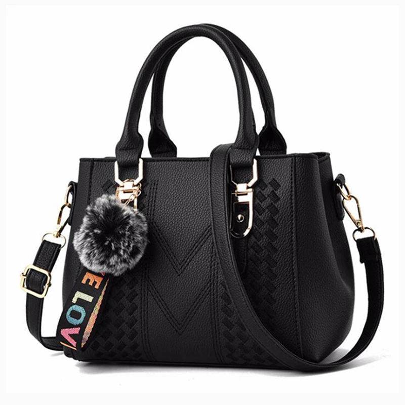 Embroidery Messenger Bags Women Leather Handbags Bags for Women Sac a Main Ladies hair ball Hand Bag