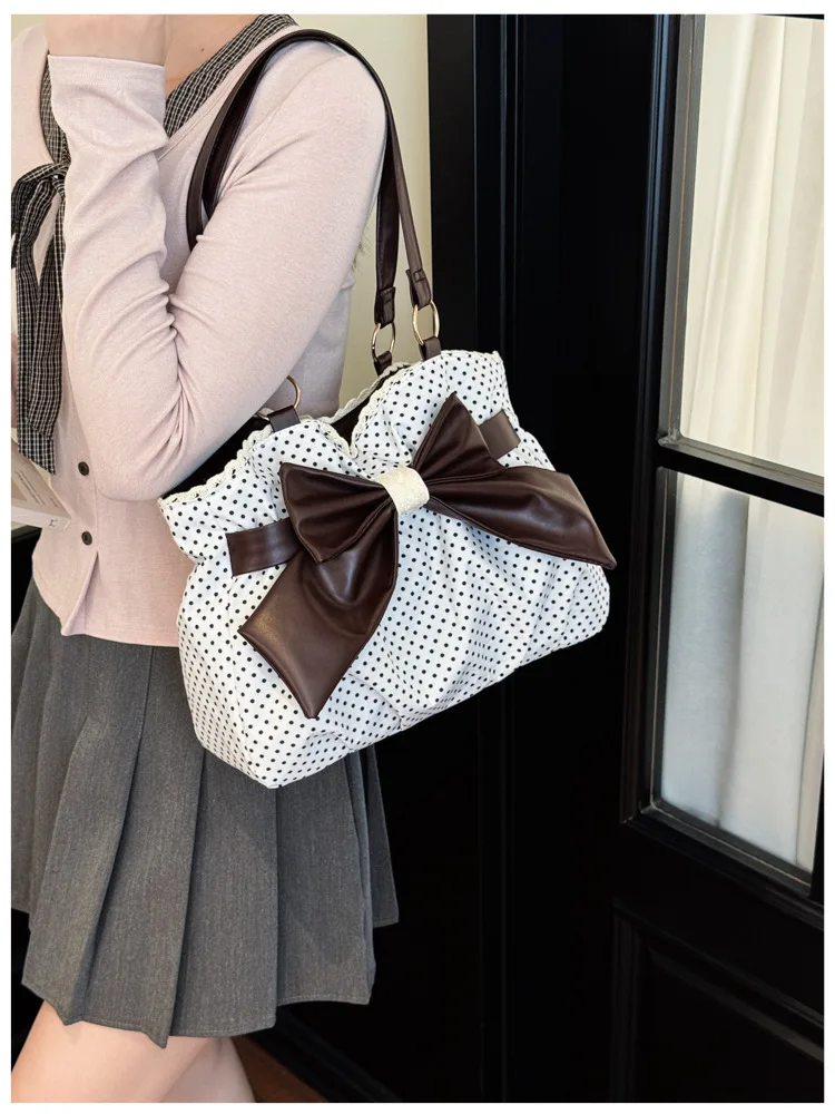 Sweet Polka Dot Shoulder Tote Bag, Leather Bow, Lace Trim Opening, Soft Women Handbag,Vintage Underarm Purse for Casual Commuter
