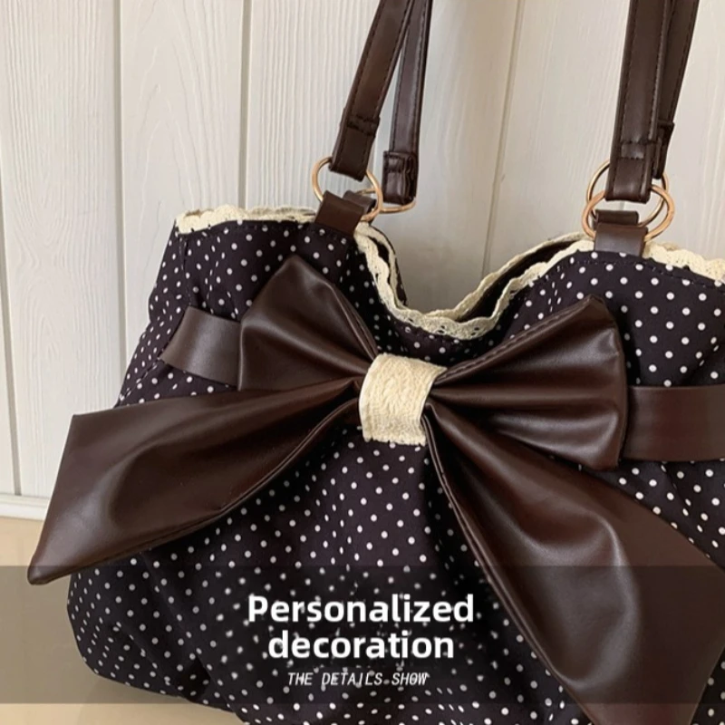 Sweet Polka Dot Shoulder Tote Bag, Leather Bow, Lace Trim Opening, Soft Women Handbag,Vintage Underarm Purse for Casual Commuter