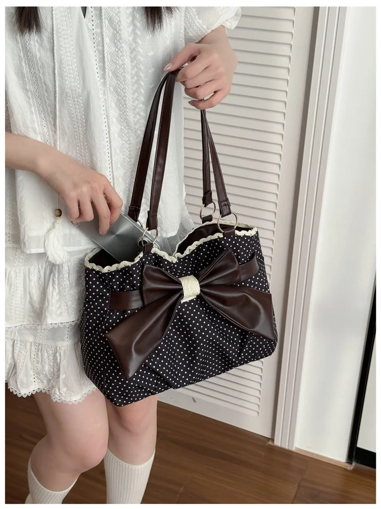 Sweet Polka Dot Shoulder Tote Bag, Leather Bow, Lace Trim Opening, Soft Women Handbag,Vintage Underarm Purse for Casual Commuter