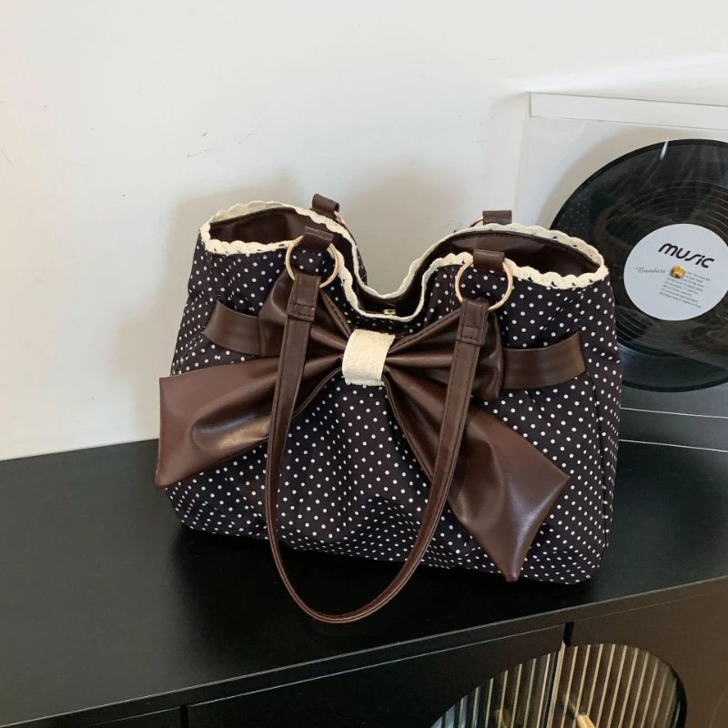 Sweet Polka Dot Shoulder Tote Bag, Leather Bow, Lace Trim Opening, Soft Women Handbag,Vintage Underarm Purse for Casual Commuter