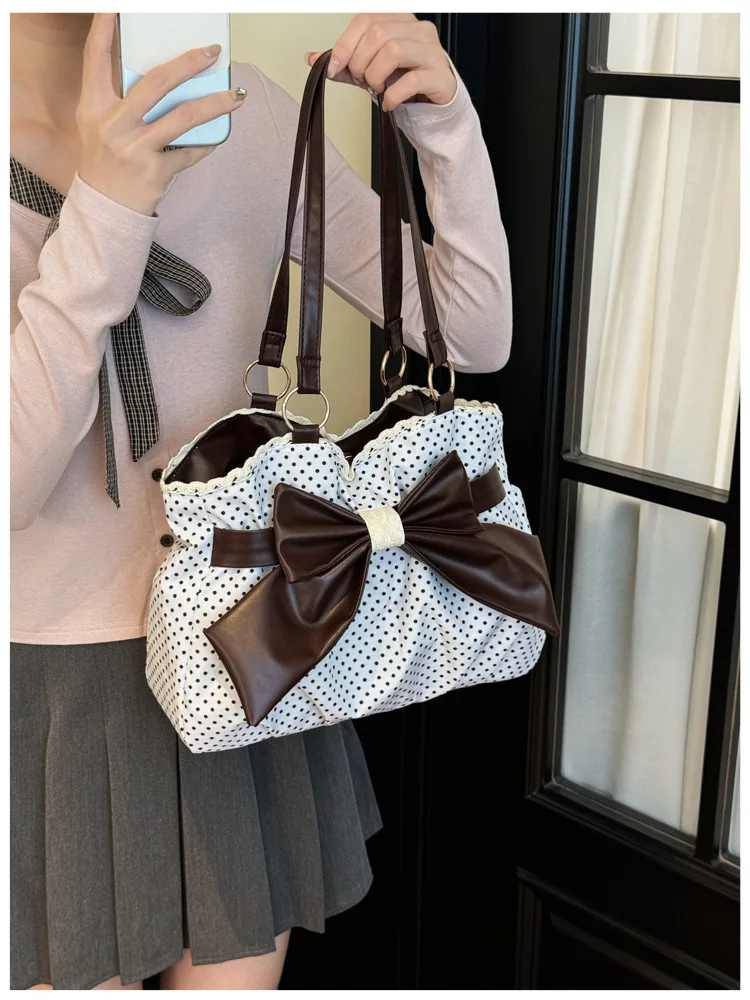 Sweet Polka Dot Shoulder Tote Bag, Leather Bow, Lace Trim Opening, Soft Women Handbag,Vintage Underarm Purse for Casual Commuter