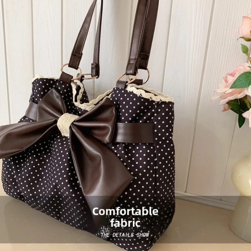 Sweet Polka Dot Shoulder Tote Bag, Leather Bow, Lace Trim Opening, Soft Women Handbag,Vintage Underarm Purse for Casual Commuter