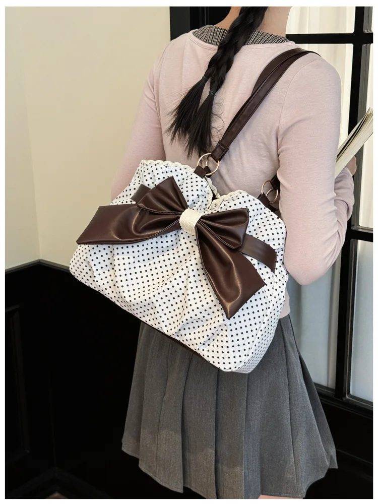 Sweet Polka Dot Shoulder Tote Bag, Leather Bow, Lace Trim Opening, Soft Women Handbag,Vintage Underarm Purse for Casual Commuter