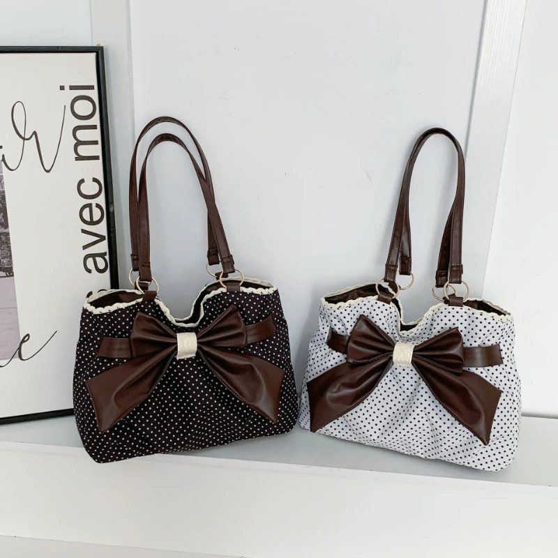 Sweet Polka Dot Shoulder Tote Bag, Leather Bow, Lace Trim Opening, Soft Women Handbag,Vintage Underarm Purse for Casual Commuter