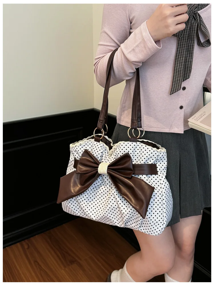 Sweet Polka Dot Shoulder Tote Bag, Leather Bow, Lace Trim Opening, Soft Women Handbag,Vintage Underarm Purse for Casual Commuter
