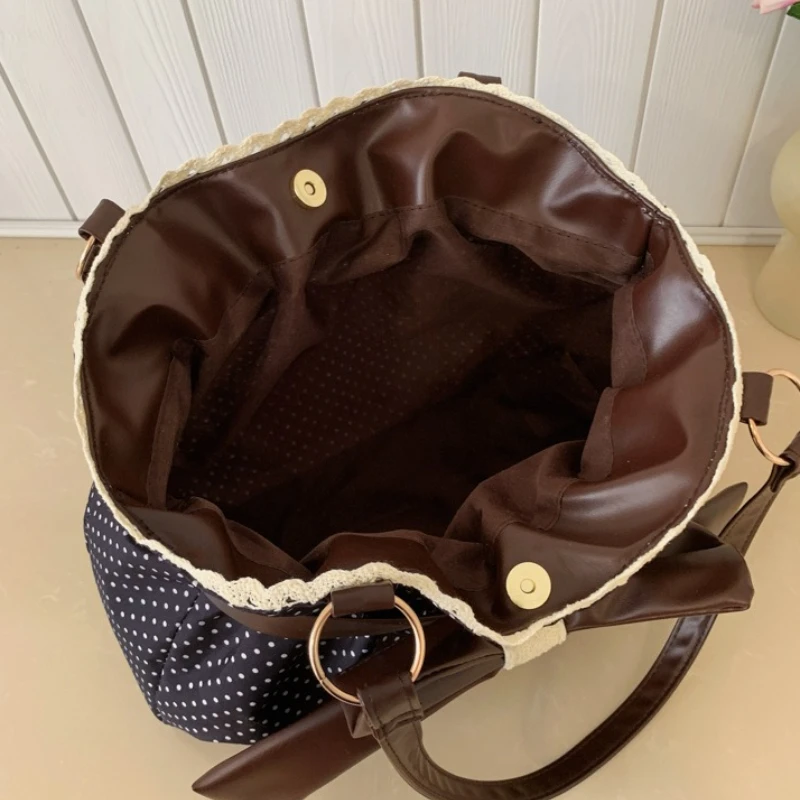 Sweet Polka Dot Shoulder Tote Bag, Leather Bow, Lace Trim Opening, Soft Women Handbag,Vintage Underarm Purse for Casual Commuter