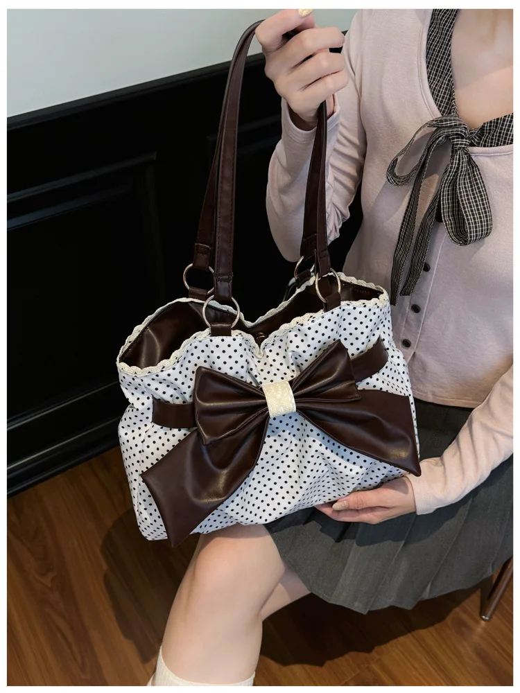 Sweet Polka Dot Shoulder Tote Bag, Leather Bow, Lace Trim Opening, Soft Women Handbag,Vintage Underarm Purse for Casual Commuter