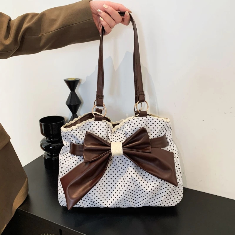 Sweet Polka Dot Shoulder Tote Bag, Leather Bow, Lace Trim Opening, Soft Women Handbag,Vintage Underarm Purse for Casual Commuter