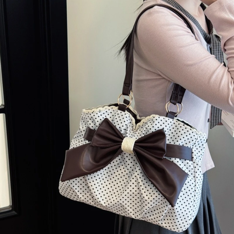 Sweet Polka Dot Shoulder Tote Bag, Leather Bow, Lace Trim Opening, Soft Women Handbag,Vintage Underarm Purse for Casual Commuter