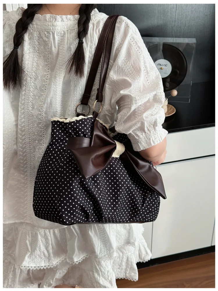 Sweet Polka Dot Shoulder Tote Bag, Leather Bow, Lace Trim Opening, Soft Women Handbag,Vintage Underarm Purse for Casual Commuter