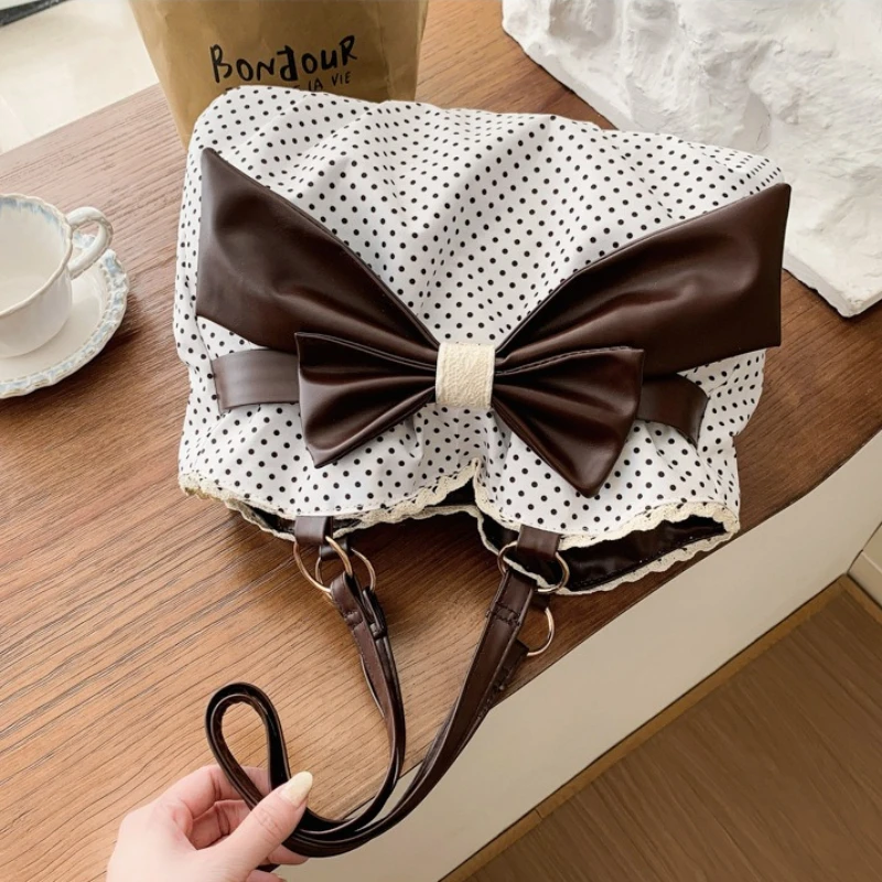 Sweet Polka Dot Shoulder Tote Bag, Leather Bow, Lace Trim Opening, Soft Women Handbag,Vintage Underarm Purse for Casual Commuter