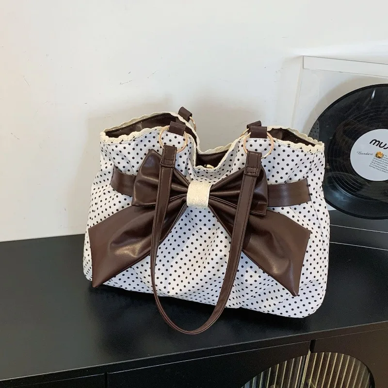 Sweet Polka Dot Shoulder Tote Bag, Leather Bow, Lace Trim Opening, Soft Women Handbag,Vintage Underarm Purse for Casual Commuter