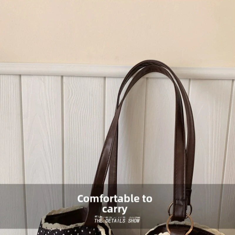 Sweet Polka Dot Shoulder Tote Bag, Leather Bow, Lace Trim Opening, Soft Women Handbag,Vintage Underarm Purse for Casual Commuter