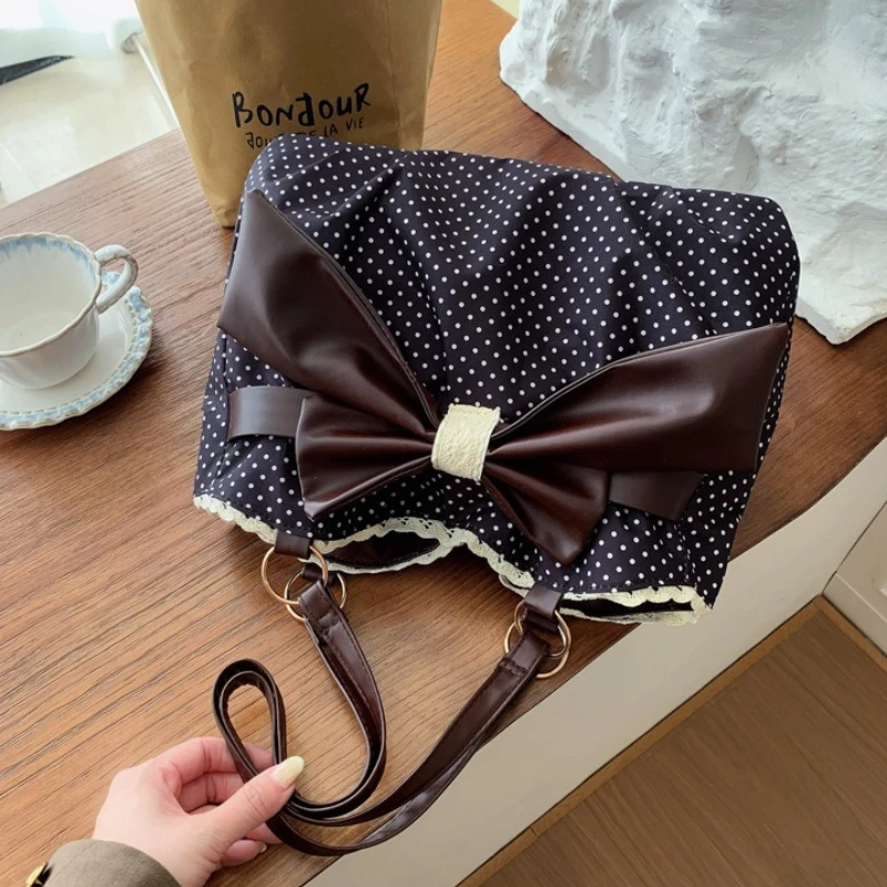 Sweet Polka Dot Shoulder Tote Bag, Leather Bow, Lace Trim Opening, Soft Women Handbag,Vintage Underarm Purse for Casual Commuter