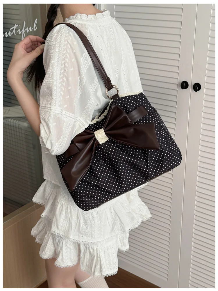 Sweet Polka Dot Shoulder Tote Bag, Leather Bow, Lace Trim Opening, Soft Women Handbag,Vintage Underarm Purse for Casual Commuter
