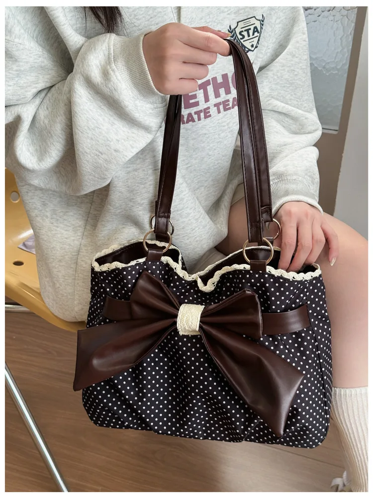 Sweet Polka Dot Shoulder Tote Bag, Leather Bow, Lace Trim Opening, Soft Women Handbag,Vintage Underarm Purse for Casual Commuter