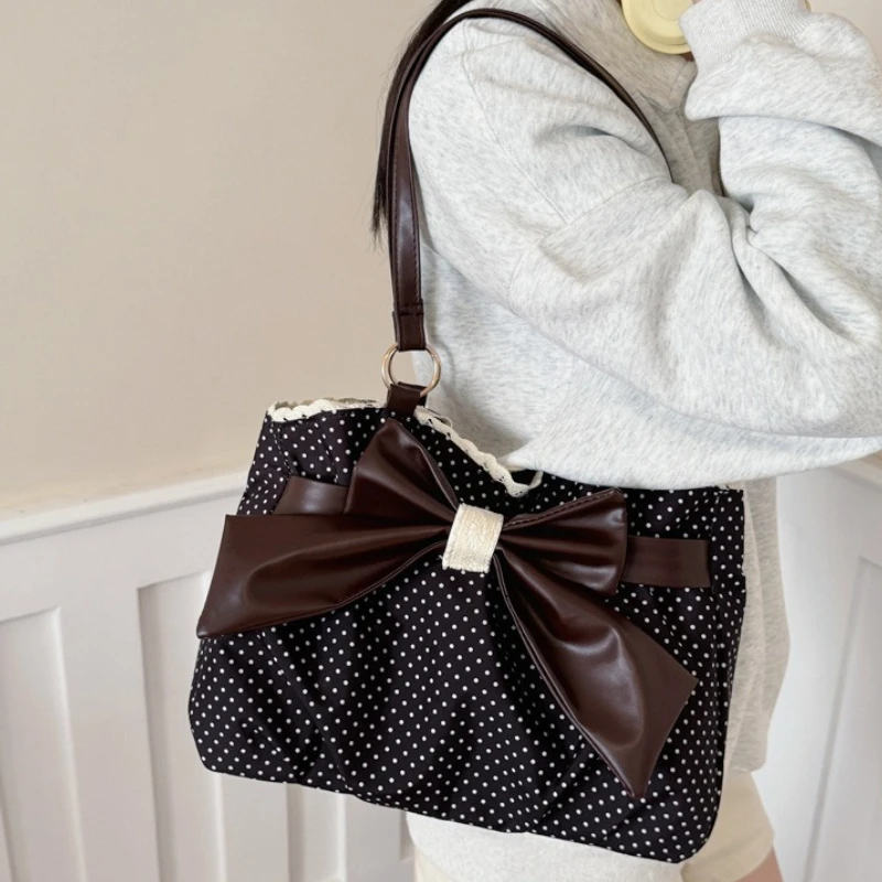 Sweet Polka Dot Shoulder Tote Bag, Leather Bow, Lace Trim Opening, Soft Women Handbag,Vintage Underarm Purse for Casual Commuter