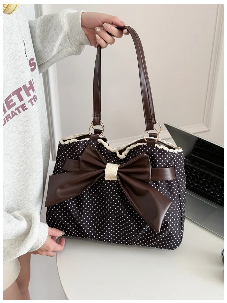 Sweet Polka Dot Shoulder Tote Bag, Leather Bow, Lace Trim Opening, Soft Women Handbag,Vintage Underarm Purse for Casual Commuter