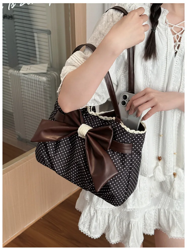 Sweet Polka Dot Shoulder Tote Bag, Leather Bow, Lace Trim Opening, Soft Women Handbag,Vintage Underarm Purse for Casual Commuter