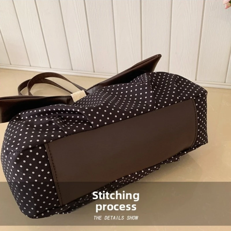 Sweet Polka Dot Shoulder Tote Bag, Leather Bow, Lace Trim Opening, Soft Women Handbag,Vintage Underarm Purse for Casual Commuter
