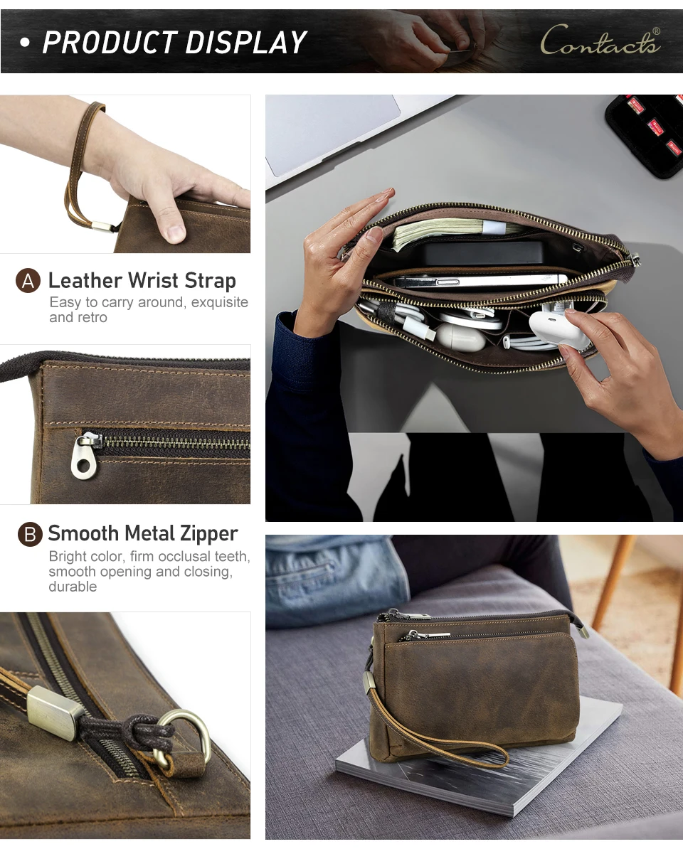 Cowhide Men's Clutch Bags Genuine Leather Men Business Travel Handbags Large Capacity Cable Organizer Clutch Purse Vintage Style