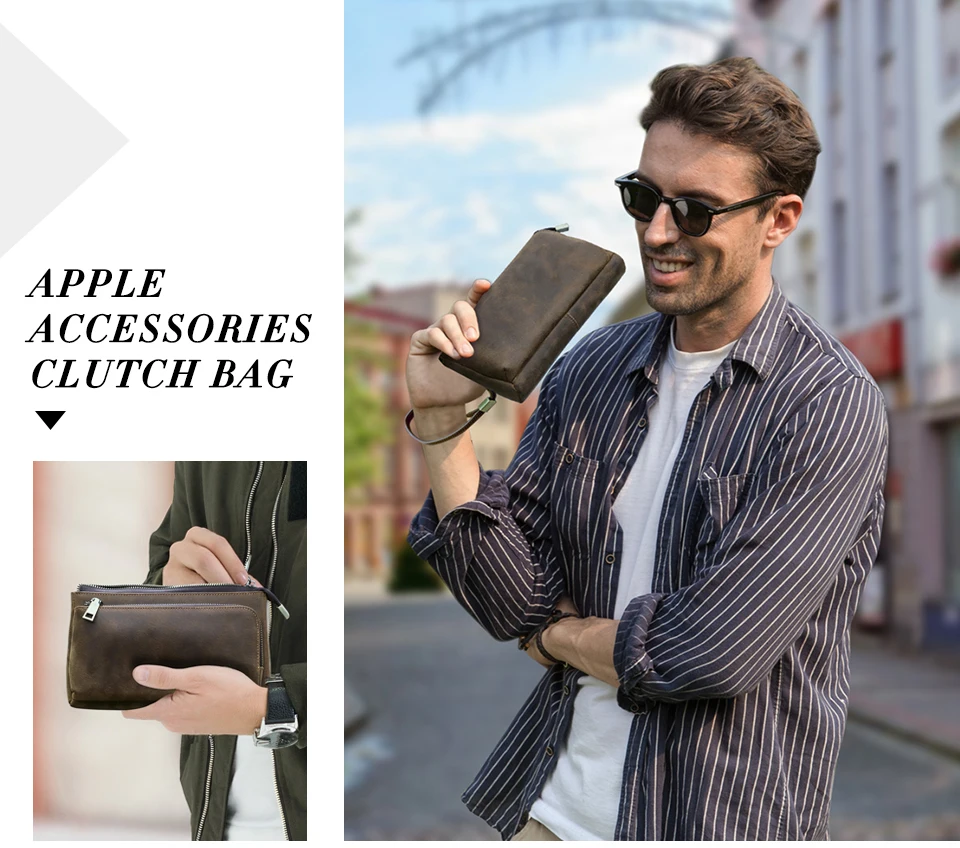 Cowhide Men's Clutch Bags Genuine Leather Men Business Travel Handbags Large Capacity Cable Organizer Clutch Purse Vintage Style