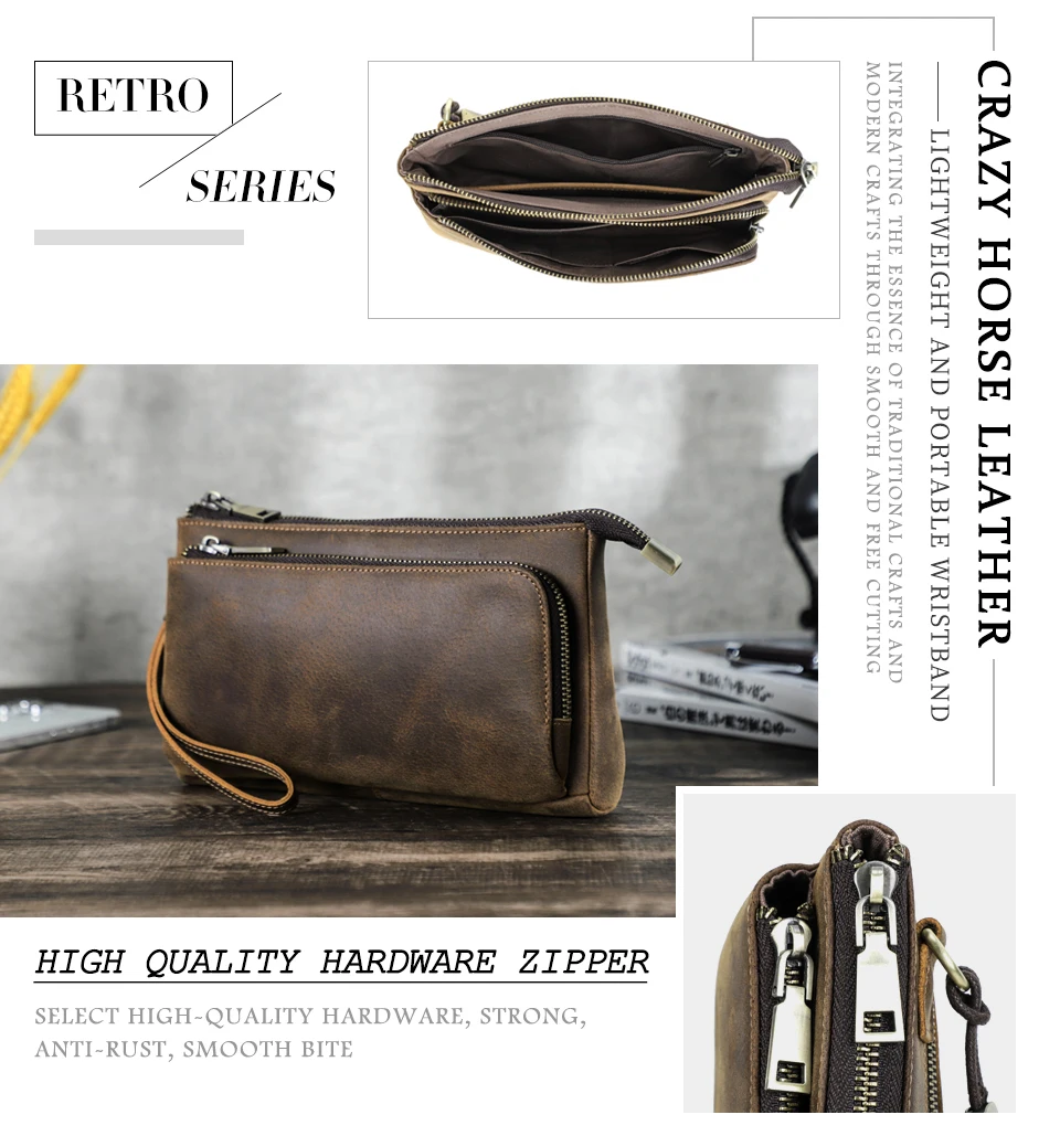 Cowhide Men's Clutch Bags Genuine Leather Men Business Travel Handbags Large Capacity Cable Organizer Clutch Purse Vintage Style